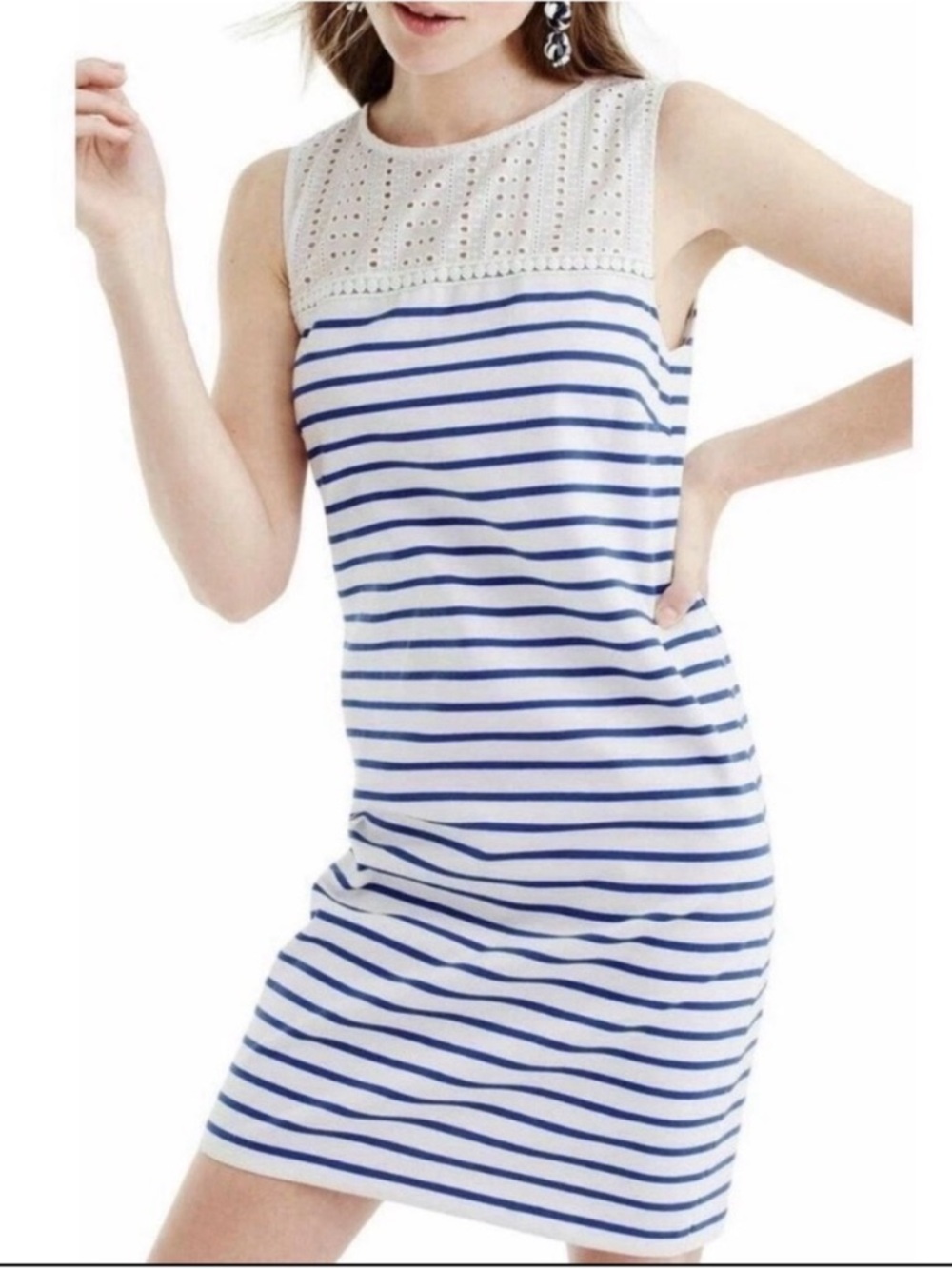 J. Crew White & Blue Nautical Striped Eyelet Mini Shift Dress